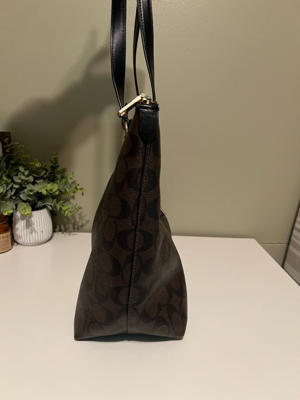 COACH Dark Brown Signature Canvas Tote with Black Straps - Picture 3 of 9